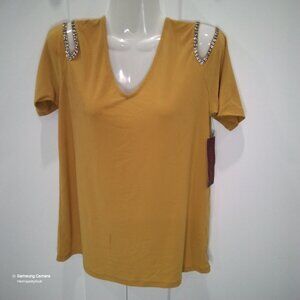 Love Scarlet Amber Wheat Rhinestone Cold Shoulder Pullover Stretch Blouse NWT S